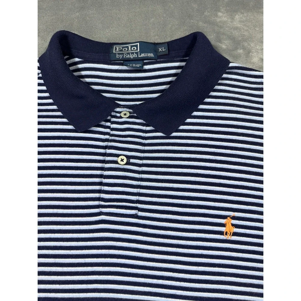 Polo‎ Ralph Lauren Mens XL Striped Polo Shirt Navy Blue Orange Pony Cotton